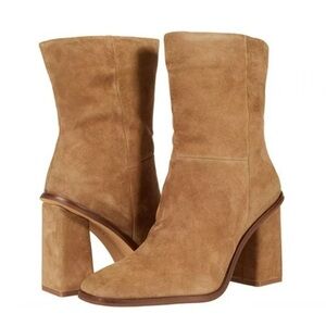 Vince Camuto Tan Dantania Mid Calf Square Toe Block Heel Suede Boot Size 11
